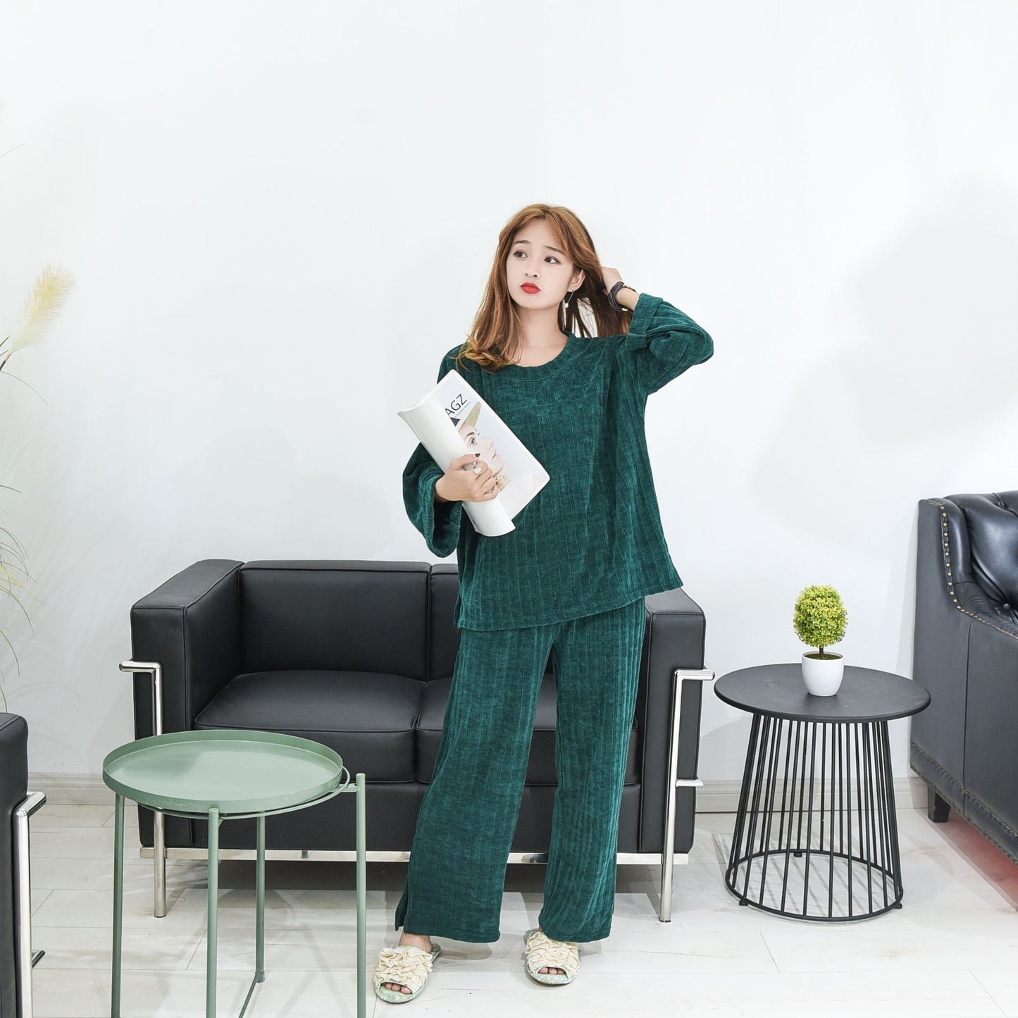 Pajamas women thick knitted wool warm stretch home wear simple ladies round neck