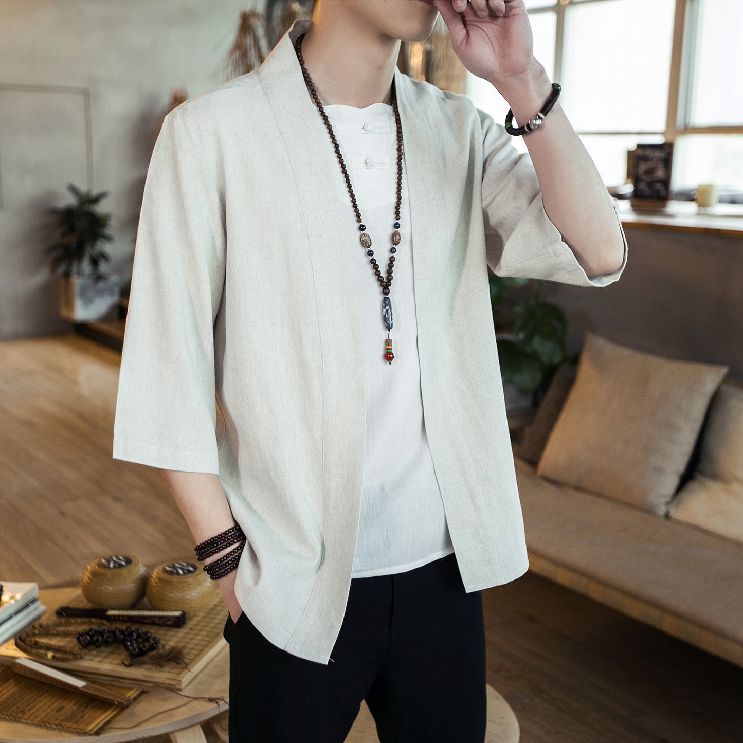 Chinese style cotton and linen Hanfu three-quarter sleeve cardigan shirt plus size men's jacket