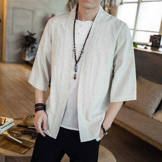 Chinese style cotton and linen Hanfu three-quarter sleeve cardigan shirt plus size men's jacket