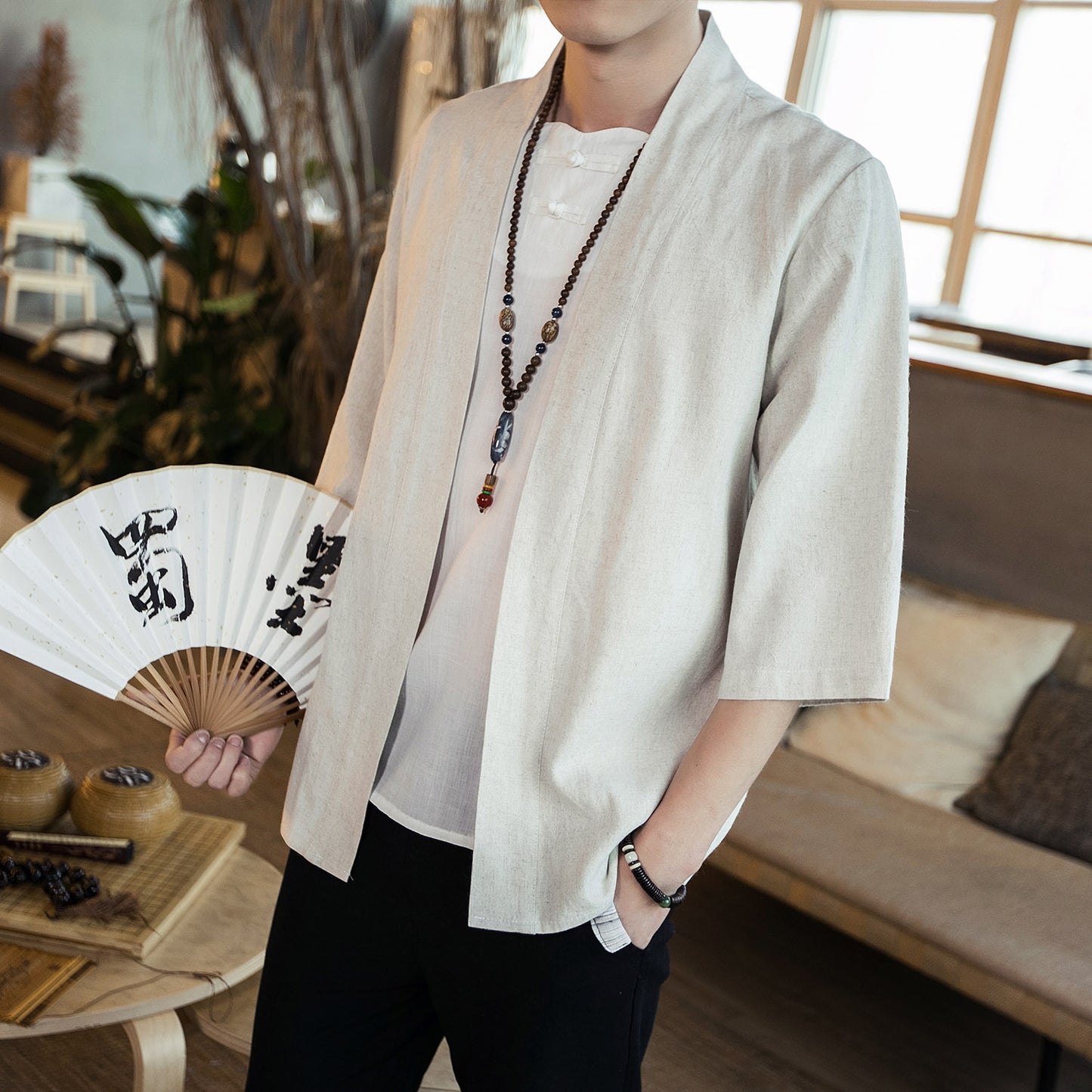 Chinese style cotton and linen Hanfu three-quarter sleeve cardigan shirt plus size men's jacket