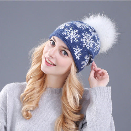 Wool rabbit fur blended hat Christmas snowflake hedging real 15CM raccoon fur ball hat knitted hat women