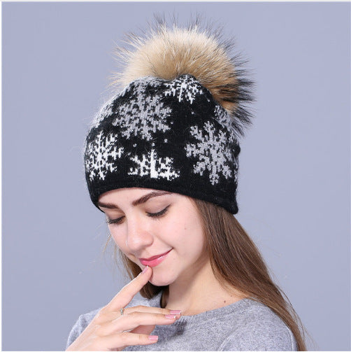 Wool rabbit fur blended hat Christmas snowflake hedging real 15CM raccoon fur ball hat knitted hat women