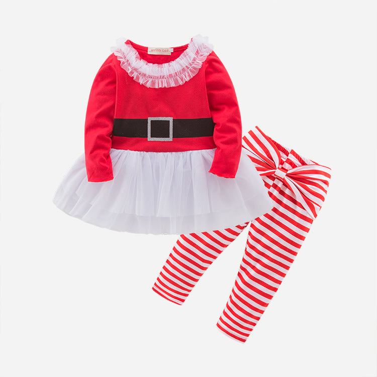 New baby and children wear, long-sleeved gauze skirt, striped pants, two-piece Christmas children's suit