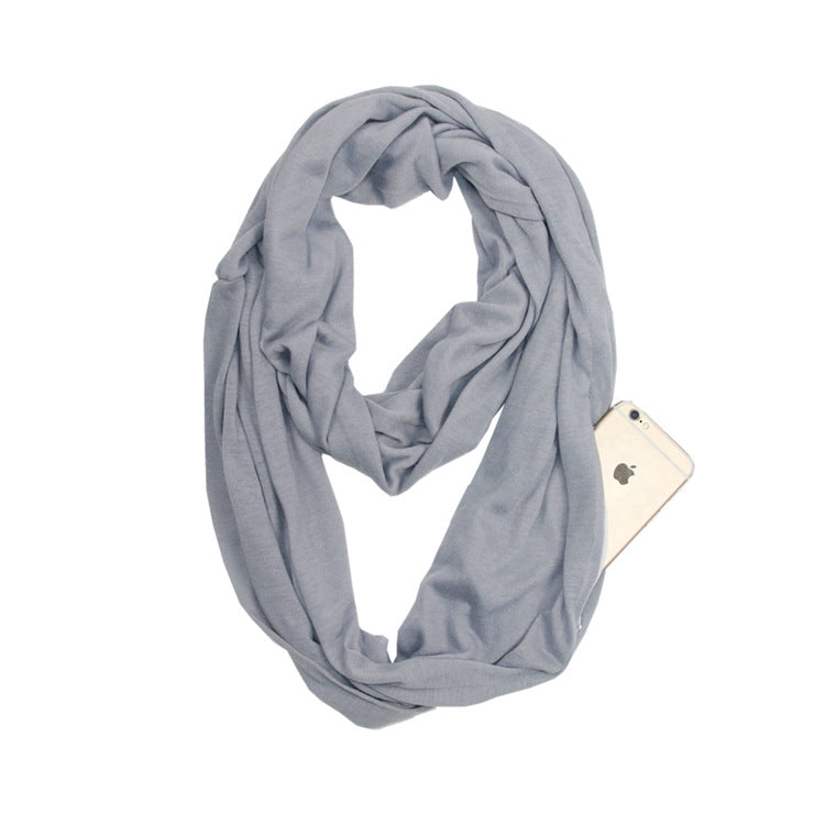 European and American cross-border storage zipper pocket bib solid color infinite scarf pocket scarf female infinity scarf