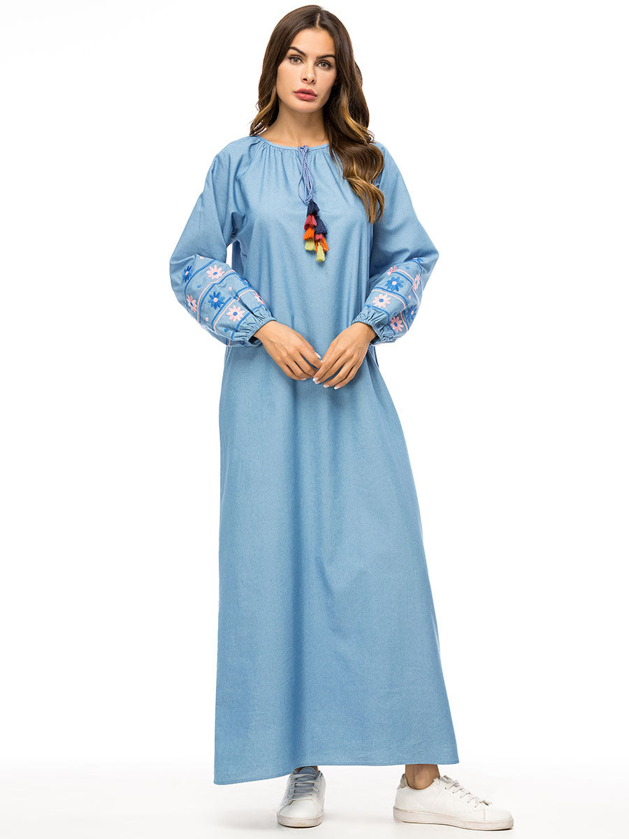 European and American splicing long-sleeved loose large size long skirt denim skirt embroidered dress robes