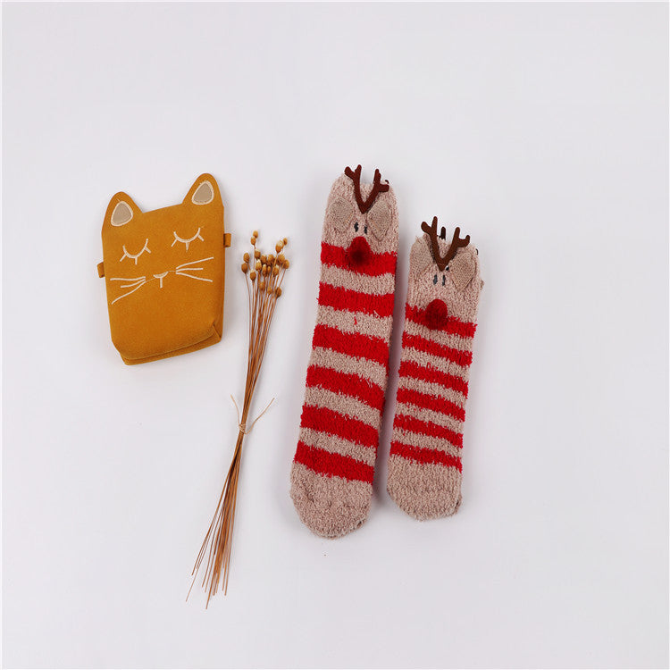 Christmas socks embroidery three-dimensional home coral velvet cartoon thick towel floor half velvet women socks