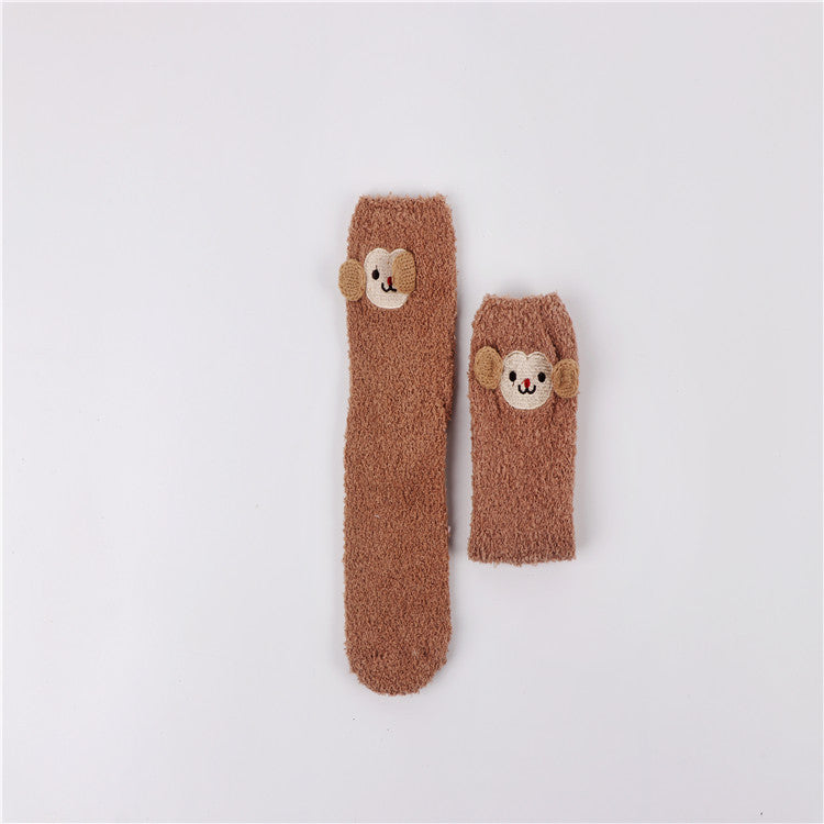 Christmas socks embroidery three-dimensional home coral velvet cartoon thick towel floor half velvet women socks