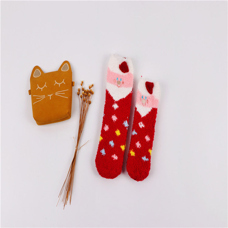 Christmas socks embroidery three-dimensional home coral velvet cartoon thick towel floor half velvet women socks