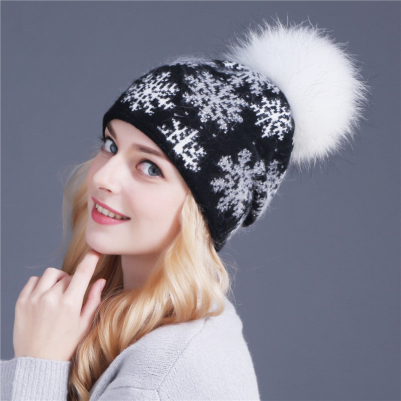 Wool rabbit fur blended hat Christmas snowflake hedging real 15CM raccoon fur ball hat knitted hat women