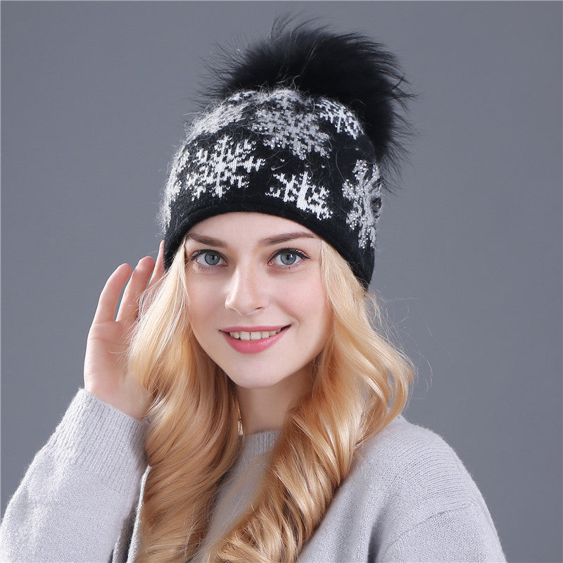 Wool rabbit fur blended hat Christmas snowflake hedging real 15CM raccoon fur ball hat knitted hat women