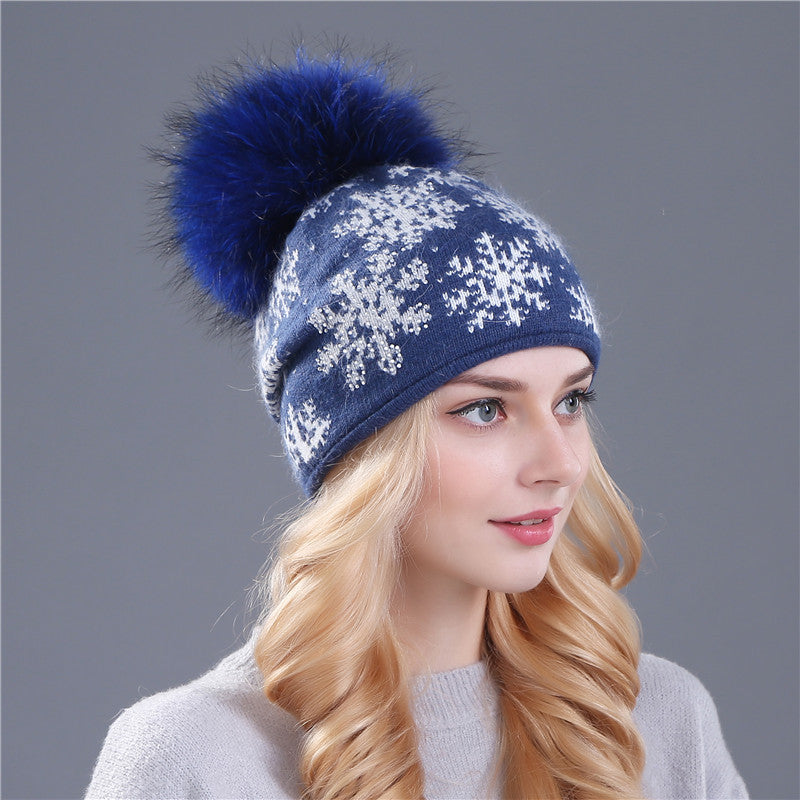 Wool rabbit fur blended hat Christmas snowflake hedging real 15CM raccoon fur ball hat knitted hat women