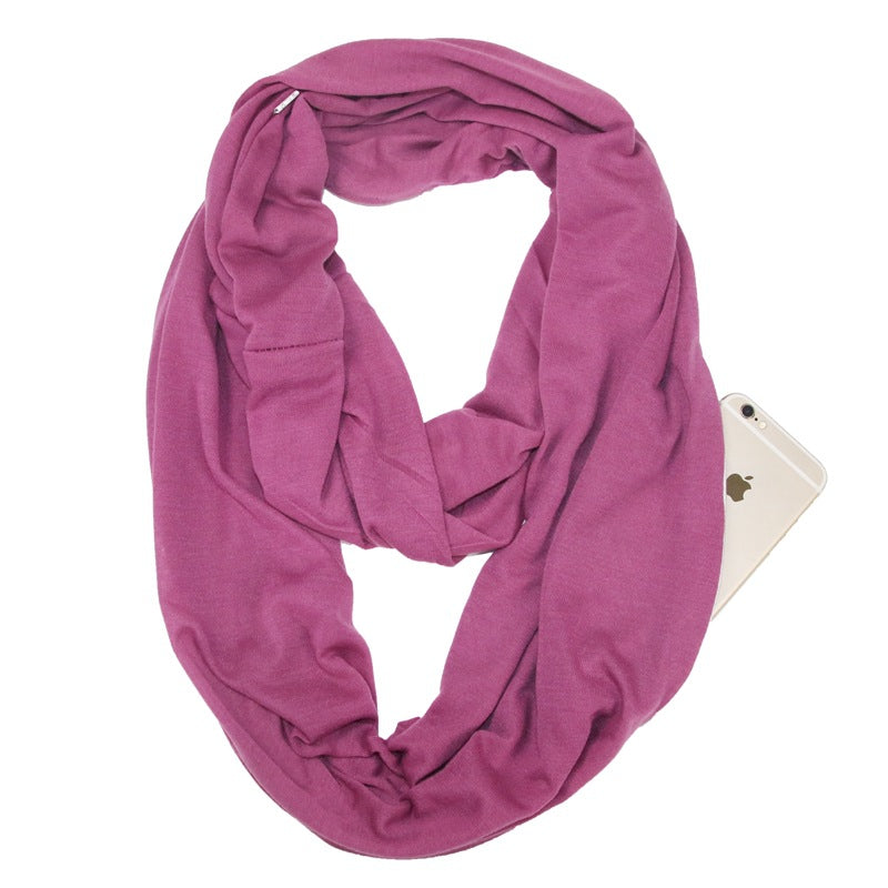 European and American cross-border storage zipper pocket bib solid color infinite scarf pocket scarf female infinity scarf