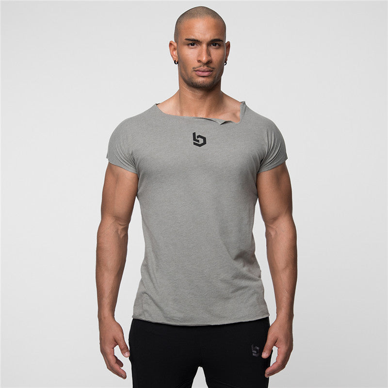 Muscle Fitness Brothers Fitness Clothes Men's Short Sleeve T-shirt Large Size Irregular Collar Sportswear