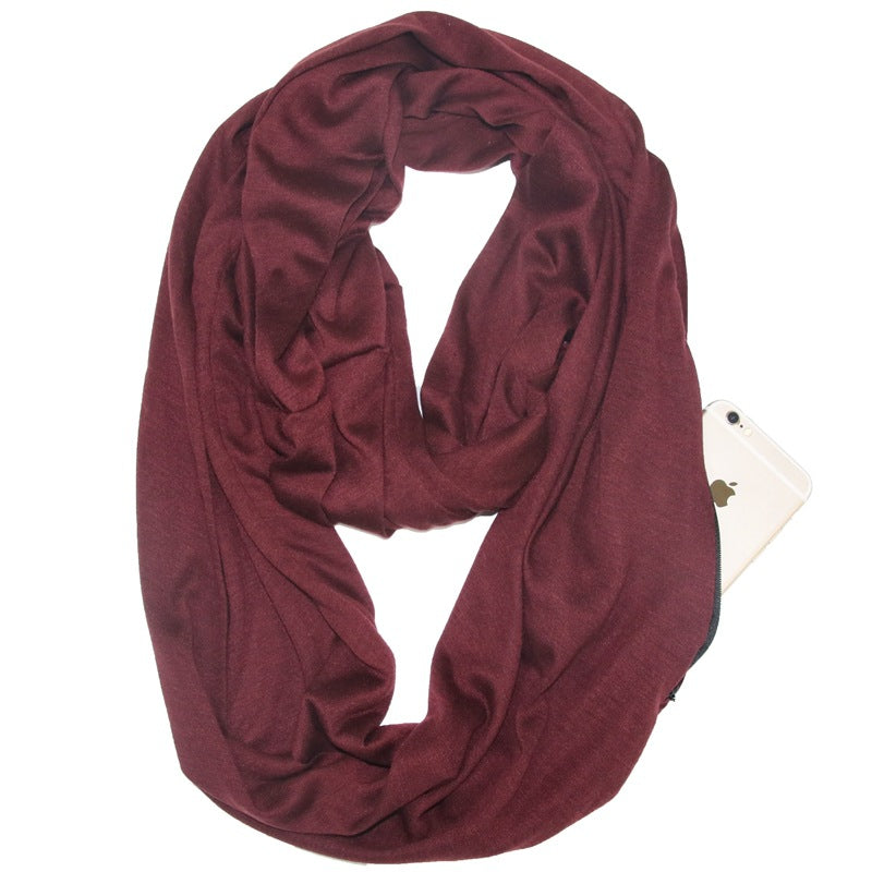 European and American cross-border storage zipper pocket bib solid color infinite scarf pocket scarf female infinity scarf