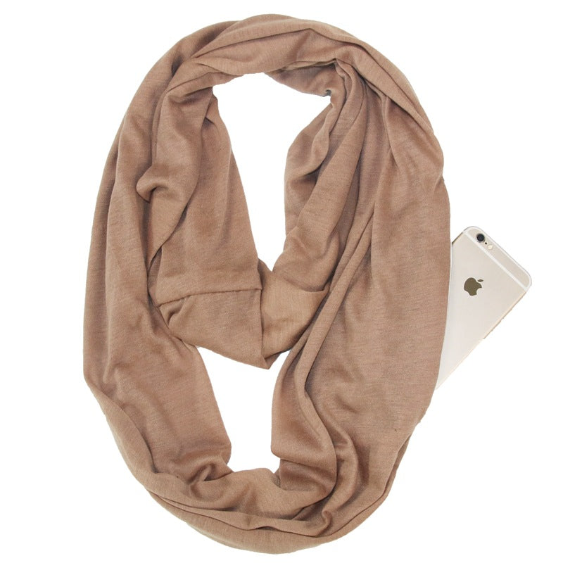 European and American cross-border storage zipper pocket bib solid color infinite scarf pocket scarf female infinity scarf