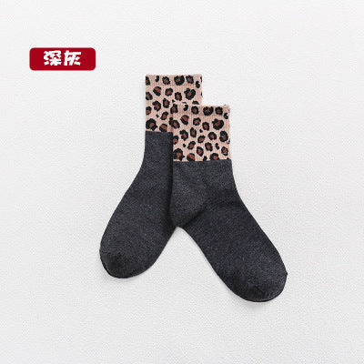 Cotton socks stitching leopard print ladies mid-tube socks