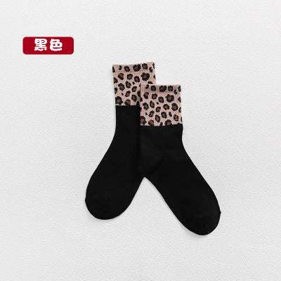 Cotton socks stitching leopard print ladies mid-tube socks