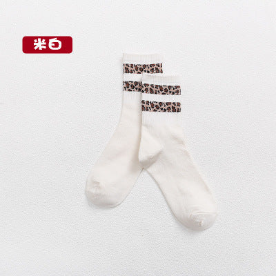 Cotton socks stitching leopard print ladies mid-tube socks