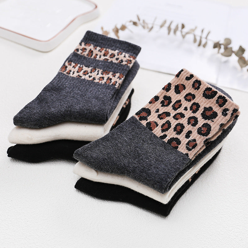 Cotton socks stitching leopard print ladies mid-tube socks