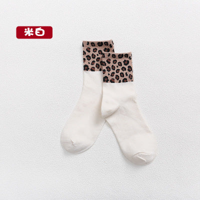 Cotton socks stitching leopard print ladies mid-tube socks