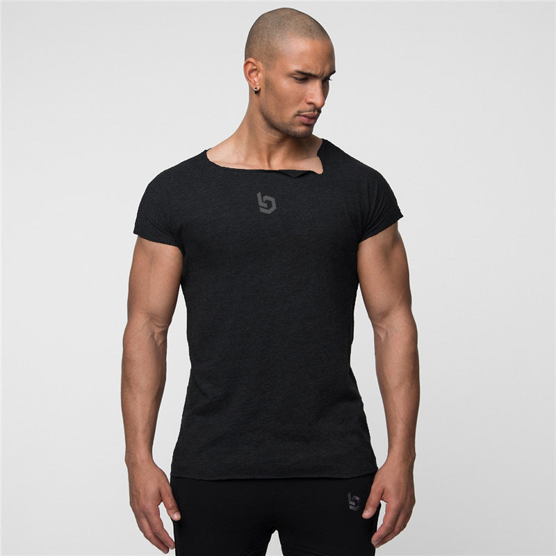 Muscle Fitness Brothers Fitness Clothes Men's Short Sleeve T-shirt Large Size Irregular Collar Sportswear