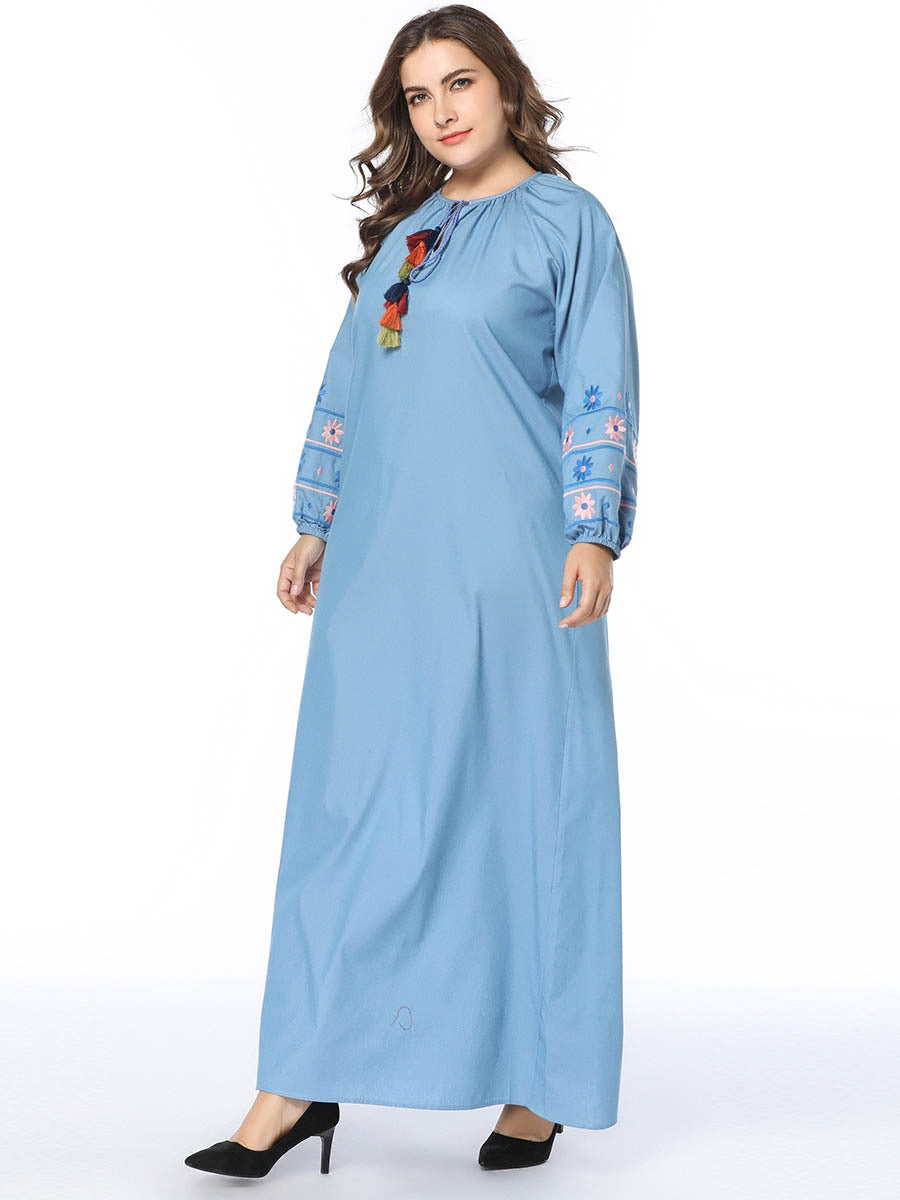 European and American splicing long-sleeved loose large size long skirt denim skirt embroidered dress robes