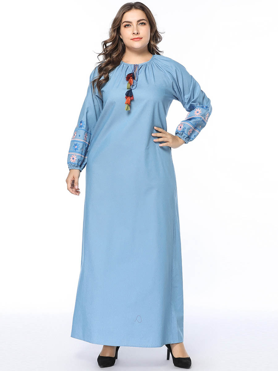 European and American splicing long-sleeved loose large size long skirt denim skirt embroidered dress robes