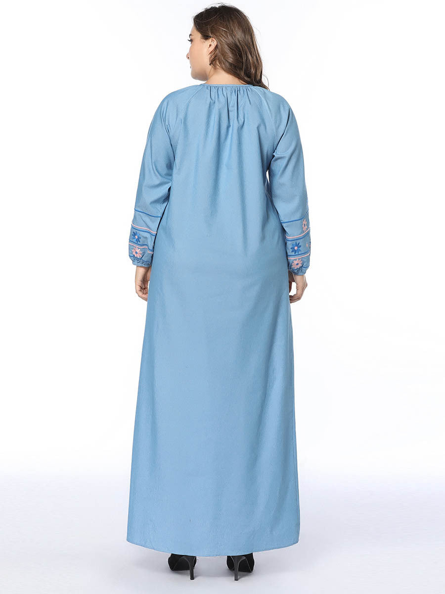 European and American splicing long-sleeved loose large size long skirt denim skirt embroidered dress robes