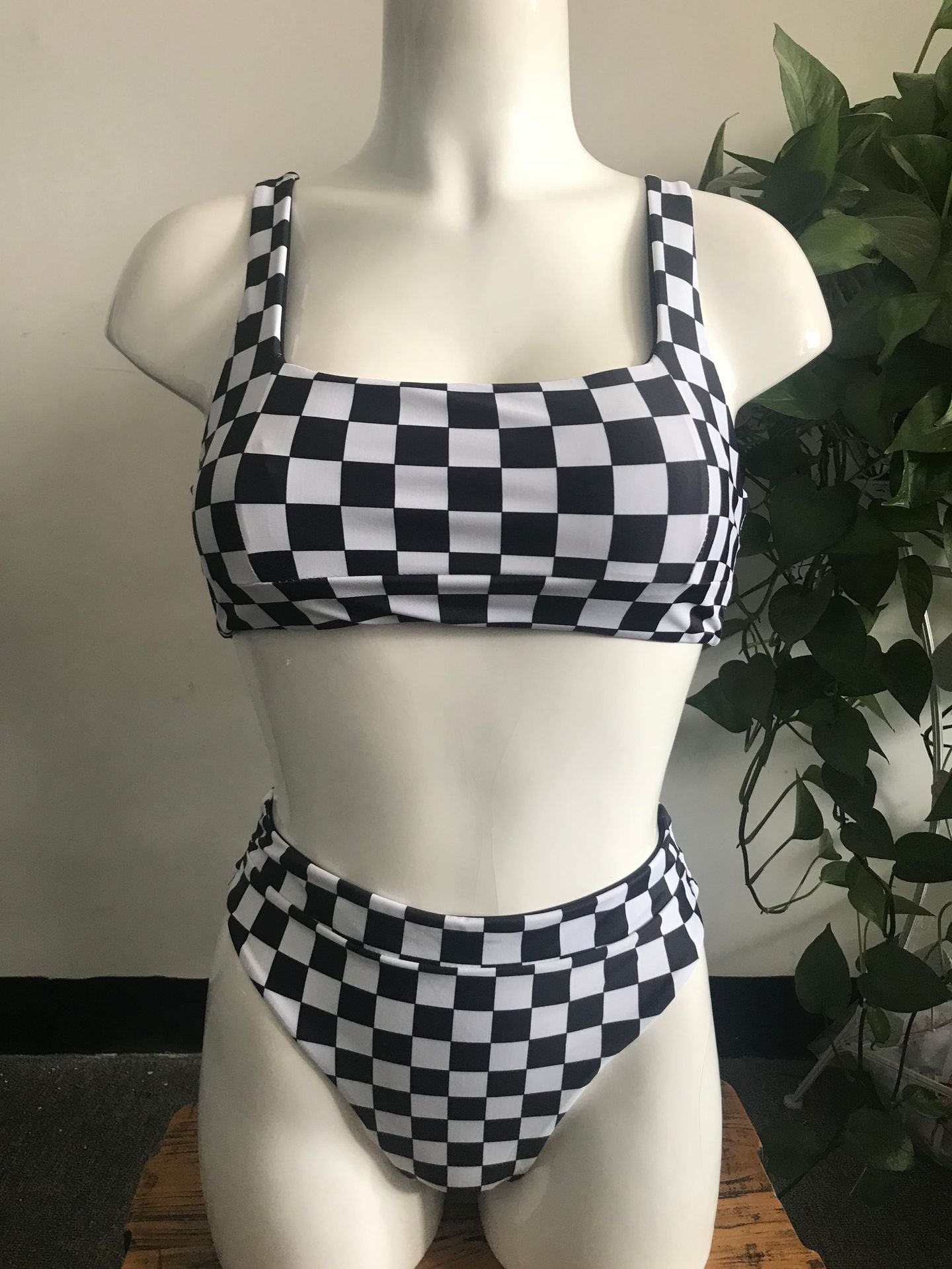 European and American Houndstooth print high waist bikini sexy split swimsuit