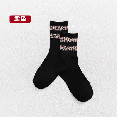 Cotton socks stitching leopard print ladies mid-tube socks