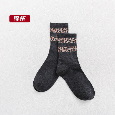 Cotton socks stitching leopard print ladies mid-tube socks