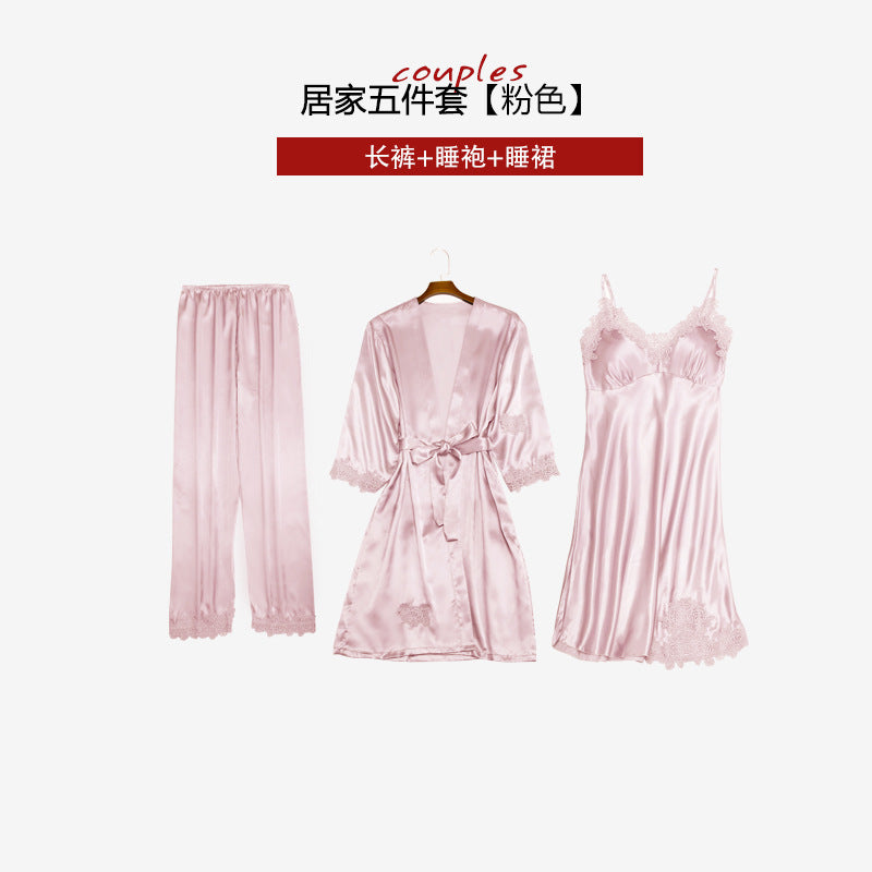 Cross-border pajamas women spring and summer sexy imitation silk five-piece suit with chest pad suspenders nightdress ice silk nightgown home service