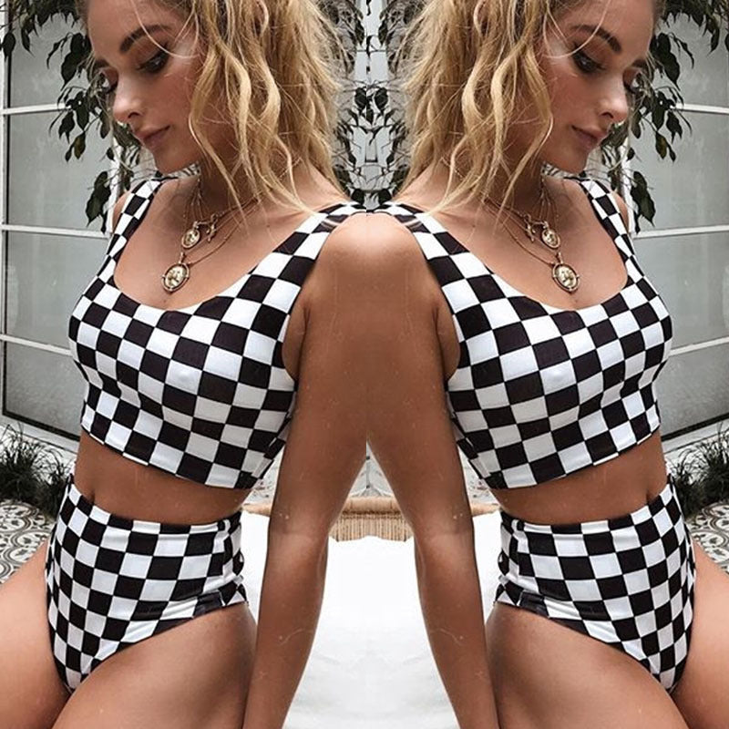 European and American Houndstooth print high waist bikini sexy split swimsuit