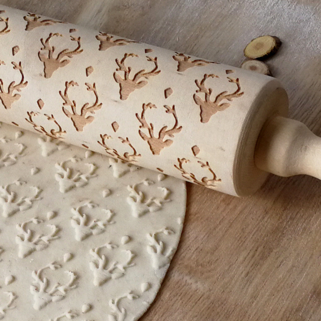 Wooden Christmas deer head printing rolling pin wooden carving embossed rolling pin cookie dough stick