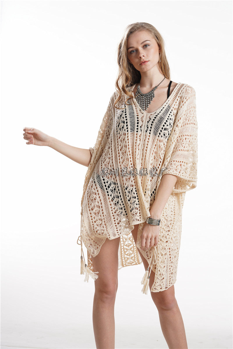 European and American hand crochet hollow beach skirt knitted sling seaside vacation sexy loose bikini beach blouse