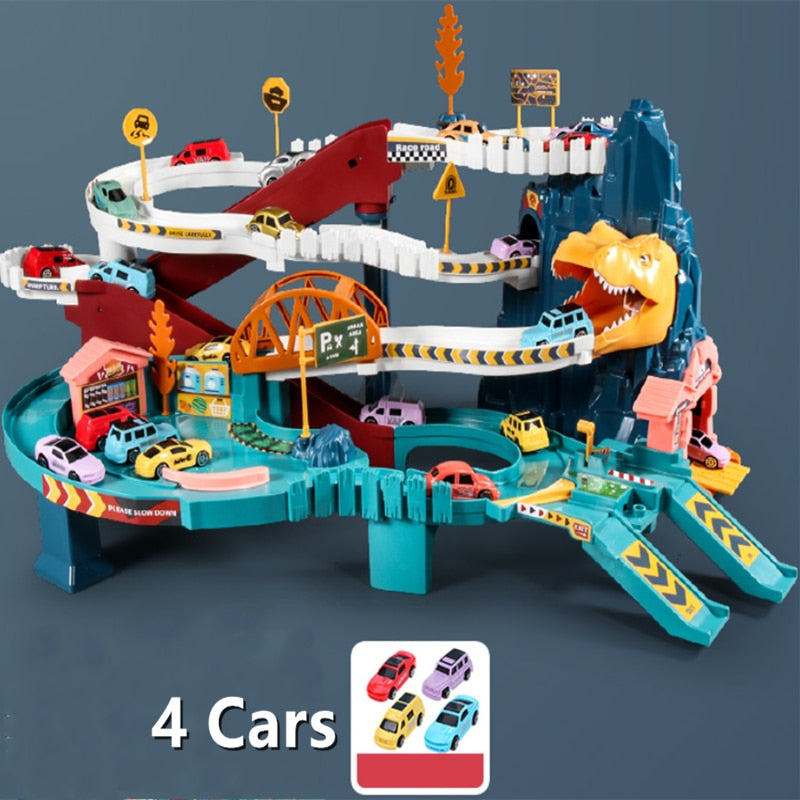 Children's car breakthrough adventure dinosaur Panshan highway multi-storey car building 2 in 1 educational rail car toy