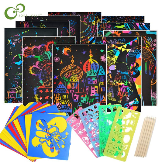 Magic Color Rainbow Stripe Art Paper Cards Set With Graffiti Stencil For Drawing Stick DIY Art Painting Toy For Kids GYH