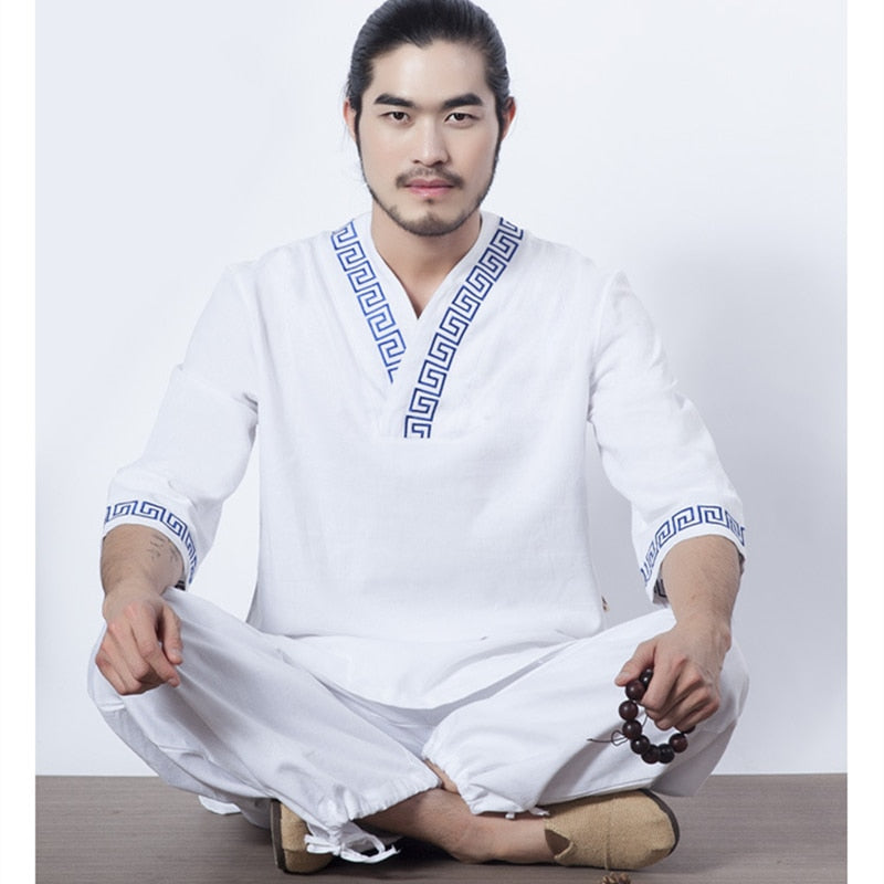 2pcs Men Fitness Suit Yoga Set Gym Clothes Cotton and Linen Meditation Clothing White Shirt and Pants with Blue Chinese Pattern