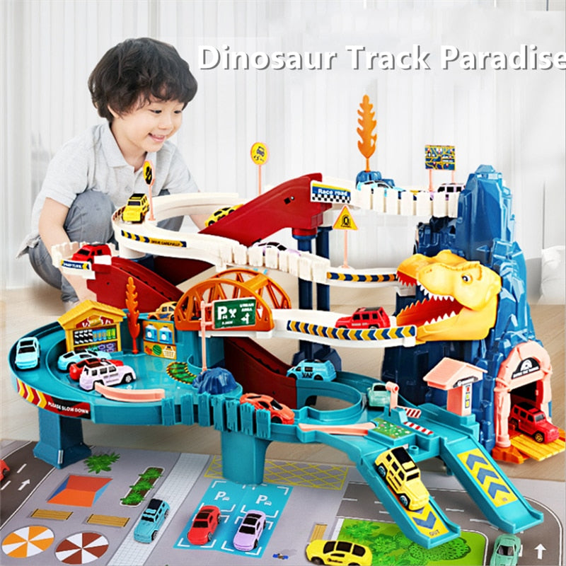 Children's car breakthrough adventure dinosaur Panshan highway multi-storey car building 2 in 1 educational rail car toy