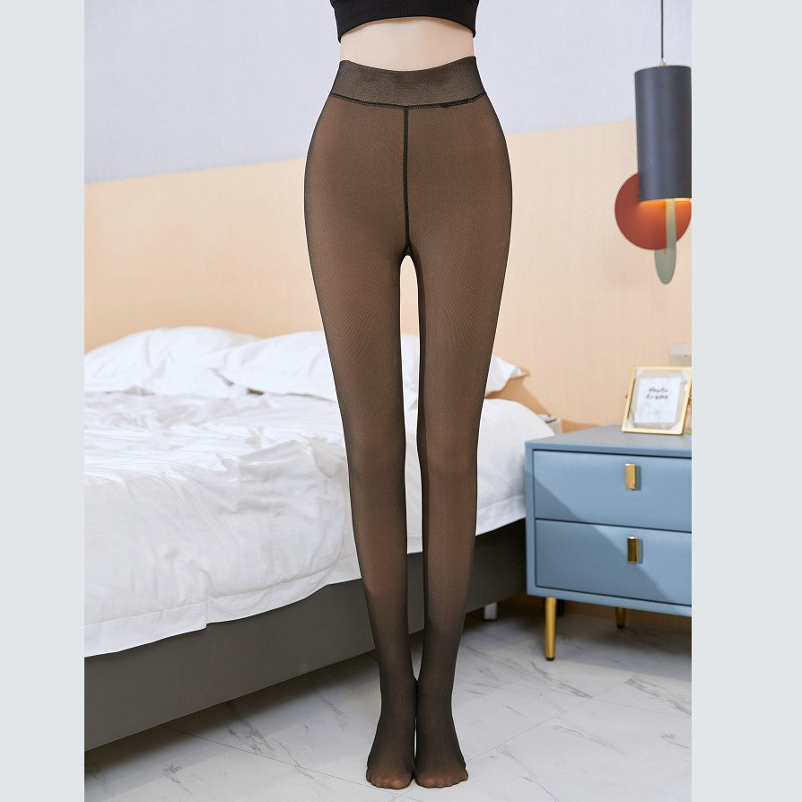 Stewardess black plus velvet warmth stewardess ash all-in-one transparent skin pants female high waist with feet winter fake transparent meat nude bottoming socks