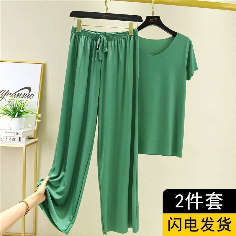 Summer ice silk pajamas two-piece short-sleeved women's new home wear casual loose wide-leg pants pajama pants