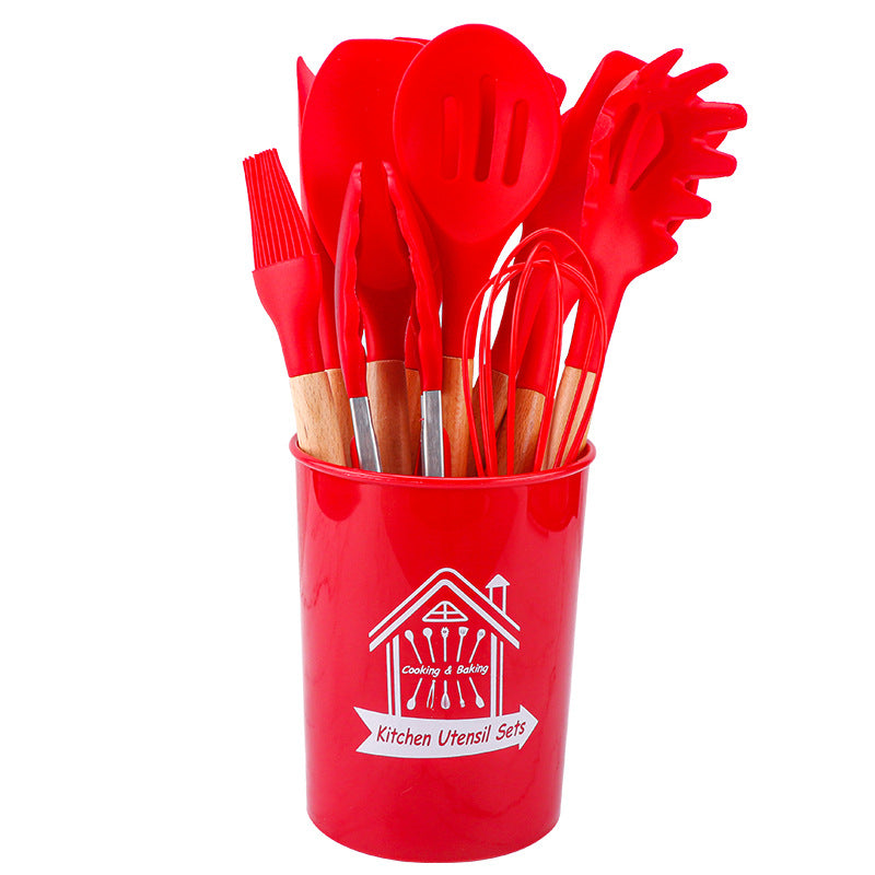 Storage barreled wooden handle silicone kitchen utensils 11 sets of silicone kitchen utensils set non-stick pot spatula spoon set