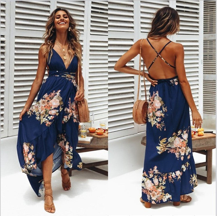 Women's Sexy Printed Sling Halter Slit Beach Dress