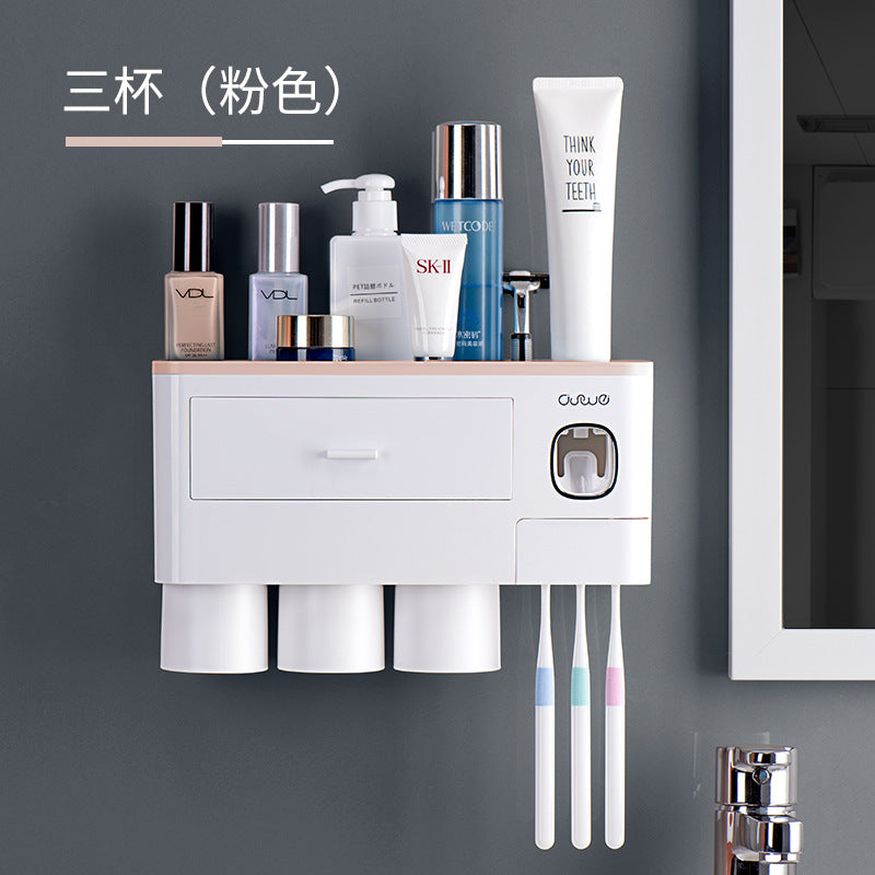Toothbrush holder toothbrush rack squeeze toothpaste mouthwash cup punch-free wall-mounted tooth cylinder bathroom storage set