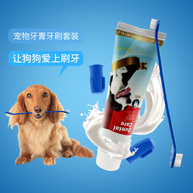 Dog toothbrush pet toothpaste set in addition to bad breath and anti-calculus pet toothbrush four-piece set