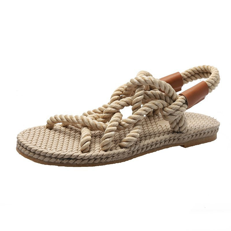 Hemp rope sandals women new style flat women's shoes comfortable set toe cross strap casual beach sandals