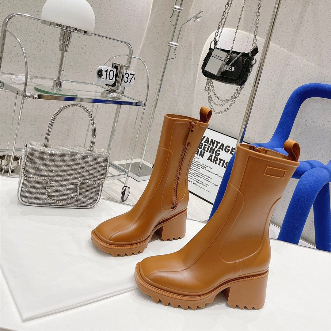 New style PVC high-heeled rain boots fashion British increased short boots high-end temperament leather boots