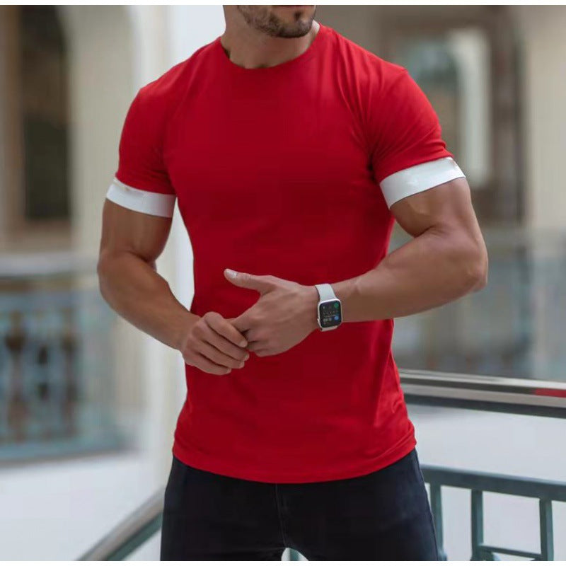 European and American new products muscle fitness short-sleeved t-shirt men's summer moisture wicking round neck top men's casual sports T-shirt