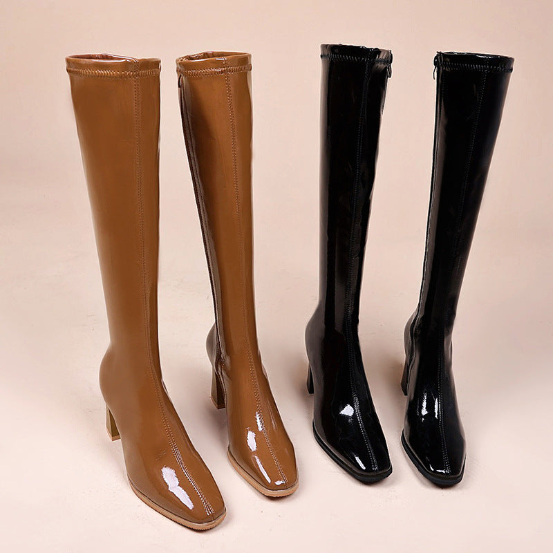 Patent leather square toe deep mouth thick high heels thin side zipper high tube fashion boots