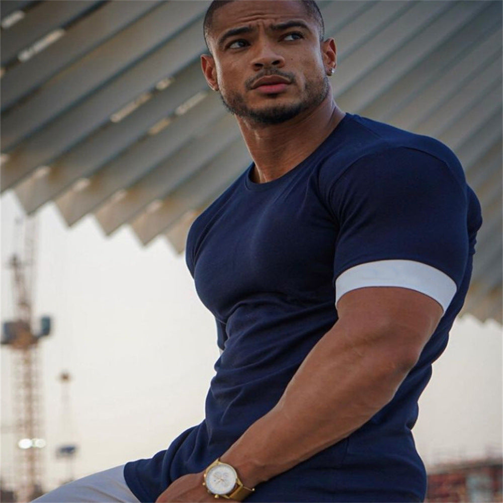 European and American new products muscle fitness short-sleeved t-shirt men's summer moisture wicking round neck top men's casual sports T-shirt